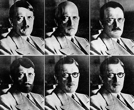 Возможно, загримировавшись, Гитлер сумел покинуть пылающий Берлин (фотомонтаж был сделан сотрудниками ФБР в 1945 году).
