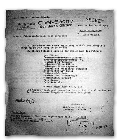 Утверждённый 20 апреля 1945 г. список пассажиров из Берлина в Барселону. Первым — Гитлер, вычеркнуто имя Геббельса, его жены